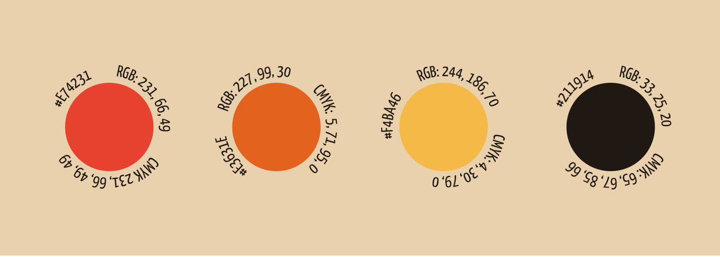 Colour palette: red, orange, yellow and near-black, with hex, RGB and CMYK values